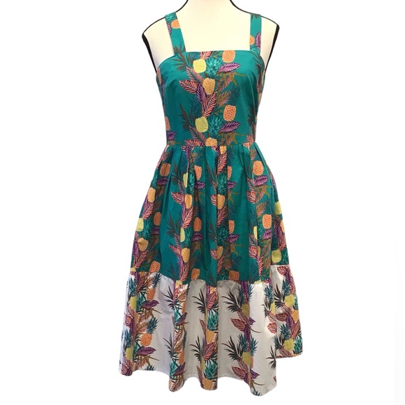 1901 MIdi Tropical Pineapple Sundress with Pockets Sleeveless ALine Teal Dress - Picture 6 of 16